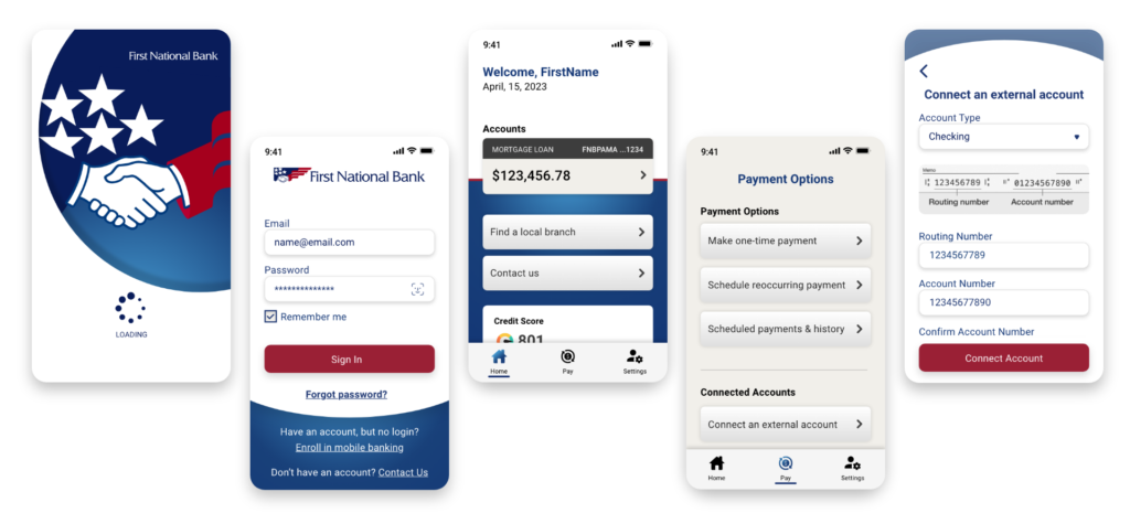 5 finalized screens of the First National Bank's mobile app redesign.