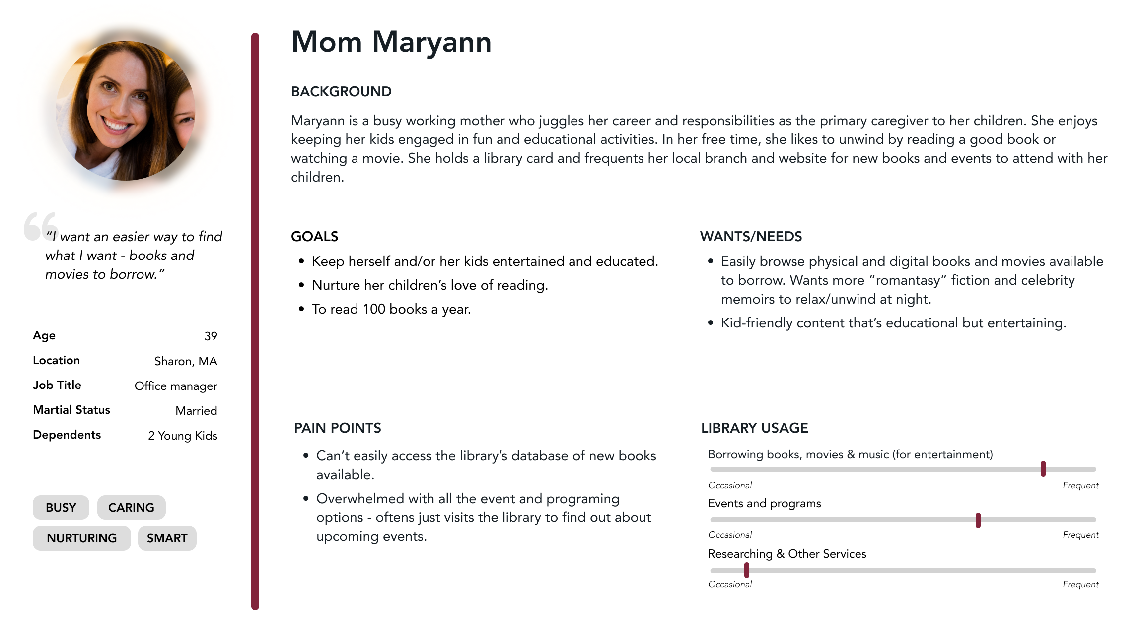 Persona 1 - Mom Maryann. A busy working mom who juggles career and life as the primary caregiver. 